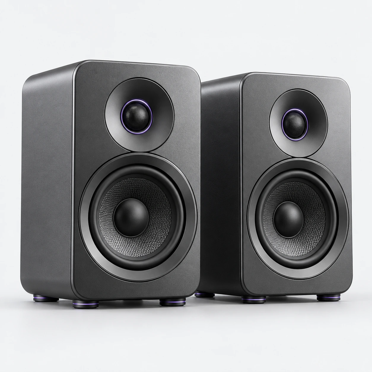 Desktop speaker pair — studio visualisation