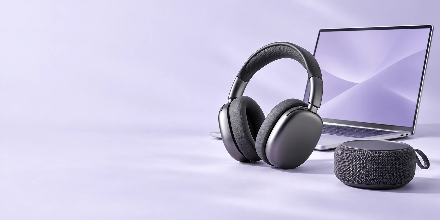 Studio arrangement of headphones, a laptop and a wireless speaker